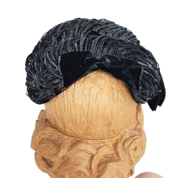 1950s Black Vintage Straw Band Cocktail Hat With Velvet Trim - Picture 3 of 7